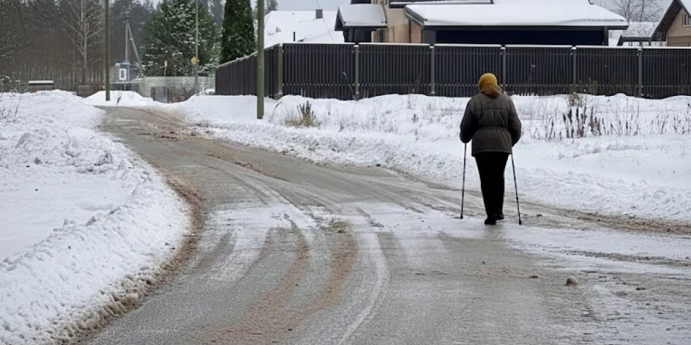 Пожилая женщина гуляет каждый день в любую погоду.