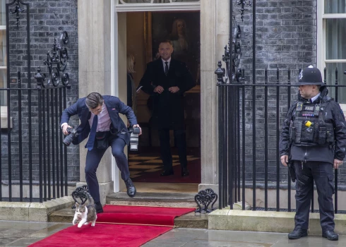 Polijas prezidenta vizīti Dauningstrītā "iztraucē" slavenais kaķis Lerijs.