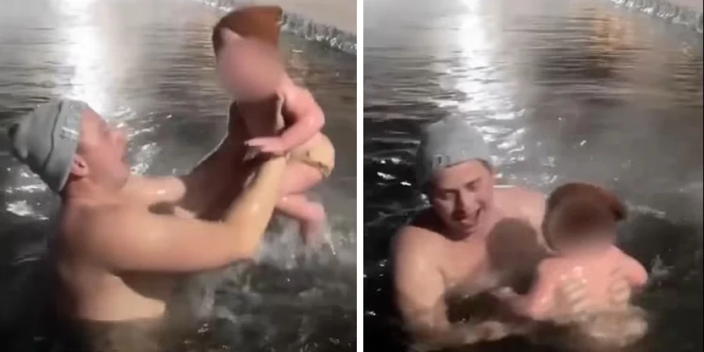 Мужчина со своим ребенком, которому 1 год и 4 месяца, окунулся в прорубь.