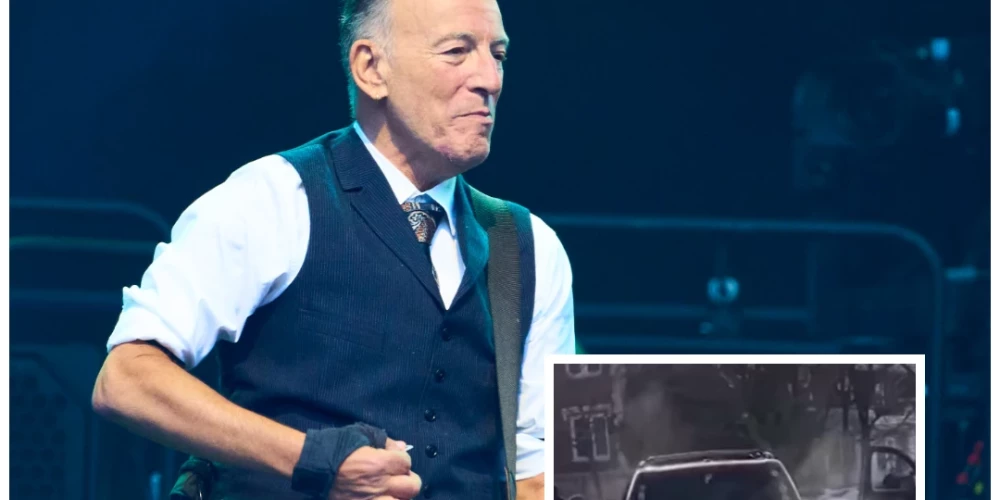 Brūss Springstīns un brīdis, kad ICE aģents Džonatans Ross nošauj Renē Nikolu Gudu (foto: Vidapress / Splash News / ekrānuzņēmums no video; kolāža: jauns.lv)