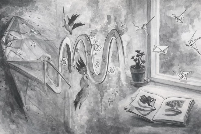 Annas Galviņas ilustrācijas Sandras Vensko grāmatai “… klibs putniņš neraud viens”.