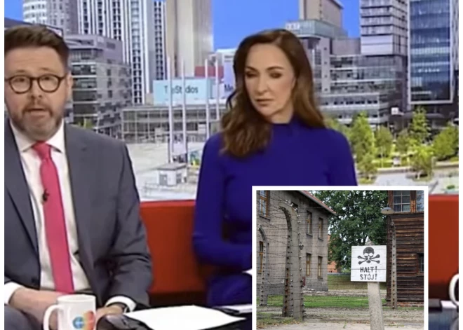 BBC raidījums Holokausta piemiņas dienā un žogs nacistu nāves nometnei Aušvicā (foto: Vidapress / Alamy / ekrānuzņēmums no video; kolāža: jauns.lv)