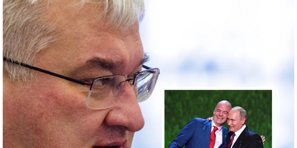 Ukrainas ārlietu ministrs Andrijs Sibiha (kreisi), FIFA prezidents Džanni Infantino un Krievijas dikators Vladimirs Putins (foto: Scanpix / EPA / AFP; kolāža: jauns.lv)