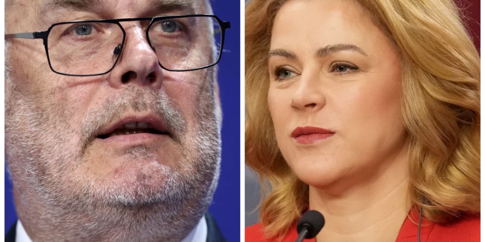 Igaunijas prezidents Alars Kariss un Latvijas premjerministre Evika Siliņa (foto: Scanpix / AFP / Zane Bitere / LETA; kolāža: jauns.lv)