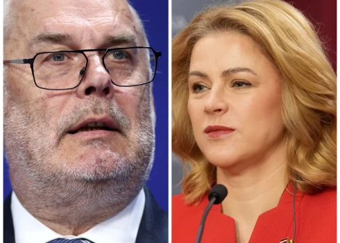 Igaunijas prezidents Alars Kariss un Latvijas premjerministre Evika Siliņa (foto: Scanpix / AFP / Zane Bitere / LETA; kolāža: jauns.lv)