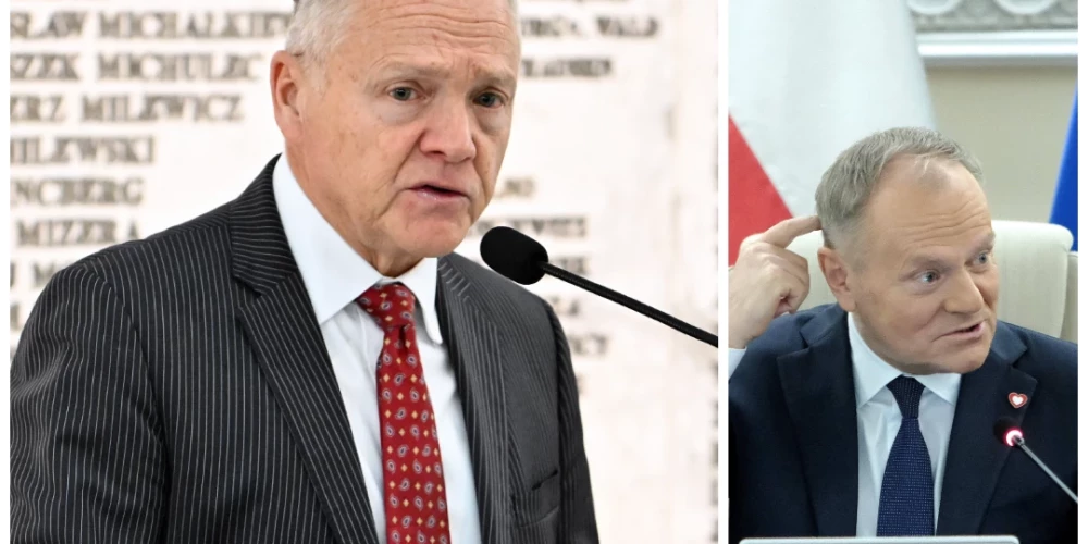 ASV vēstnieks Polijā Toms Rouzs un Polijas premjerministrs Donalds Tusks (foto: Scanpix / Zumapress.com / IMAGO / newspix; kolāža: jauns.lv)
