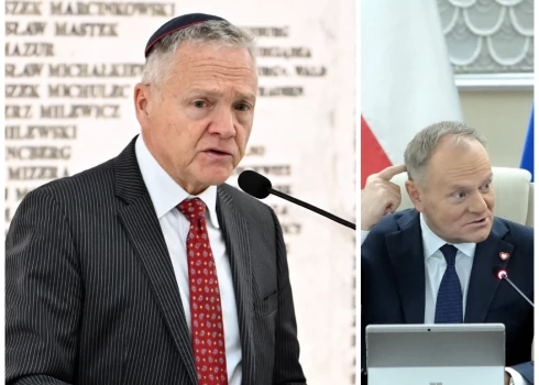 ASV vēstnieks Polijā Toms Rouzs un Polijas premjerministrs Donalds Tusks (foto: Scanpix / Zumapress.com / IMAGO / newspix; kolāža: jauns.lv)