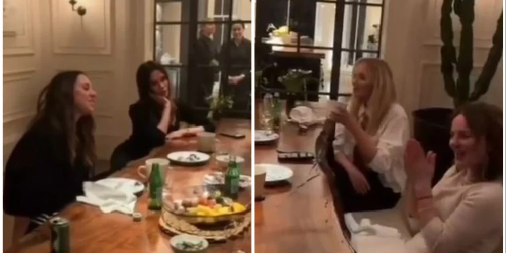 Группа Spice Girls поет в столовой дома Виктории Бекхэм в Лондоне.