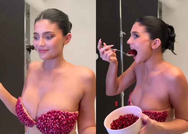 Kailija Dženere parāda sensacionālu tērpu ar krūšturi no granātābola sēkliņām