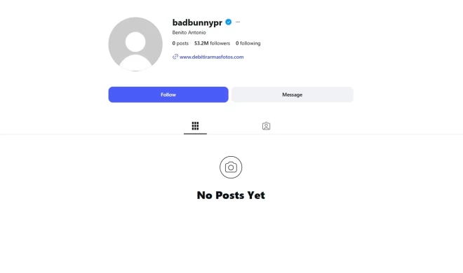 "Bad Bunny" "Instagram" konts pavisam tukšs.