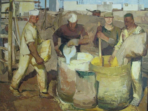 Boriss Bērziņš (1930–2002). “Krāsotāji” (1961., audekls,/eļļa, 138x182 cm; no izstādes “Padomju laika idealizācija mākslā” Liepājas okupācijas muzejā).