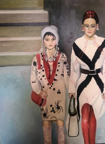 Maija Nora Tabaka. “Modernās meitenes” (2023., audekls/eļļa, 80x60; no galerijas “Daugava” Kolekcijas izstādes).