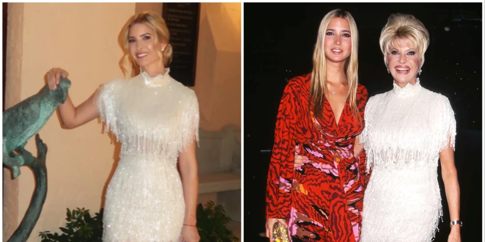 Ivanka Trampa pasākumā 2026. gadā un viņas mamma Ivana Trampa šajā pašā kleitā 2002. gadā.