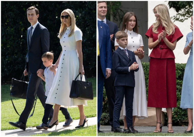 Ivanka Trampa “Emilia Wickstead” midi kleitā 2018. gadā un viņas meita Arabella Kušnere šajā pašā tērpā pērn, apmeklējot pasākumu Baltajā namā.