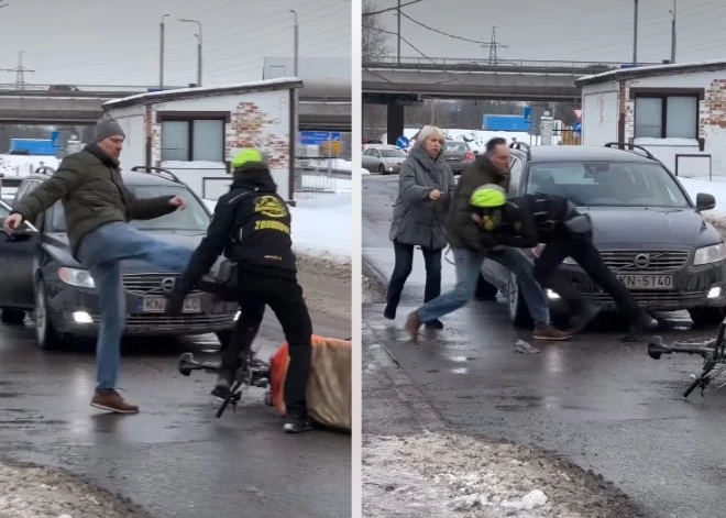 ВИДЕО: агрессивный водитель на улице в Риге пытался "проучить" велокурьера