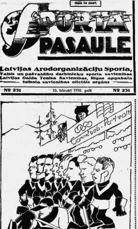 Laikraksts “Sporta Pasaule” 1936. gada februārī vēsta par mūsu hokejistu startu Ziemas olimpiskajās spēlēs (zīmējumā otrais no labās – Leonīds Vedējs).