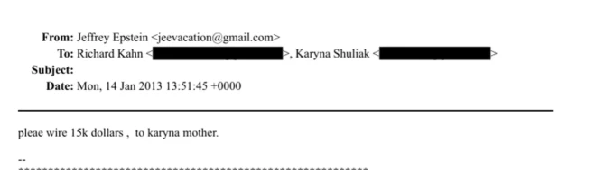 Epstīns e-pastā lūdz nosūtīt 15 tūkstošus dolāru Karīnas mātei.