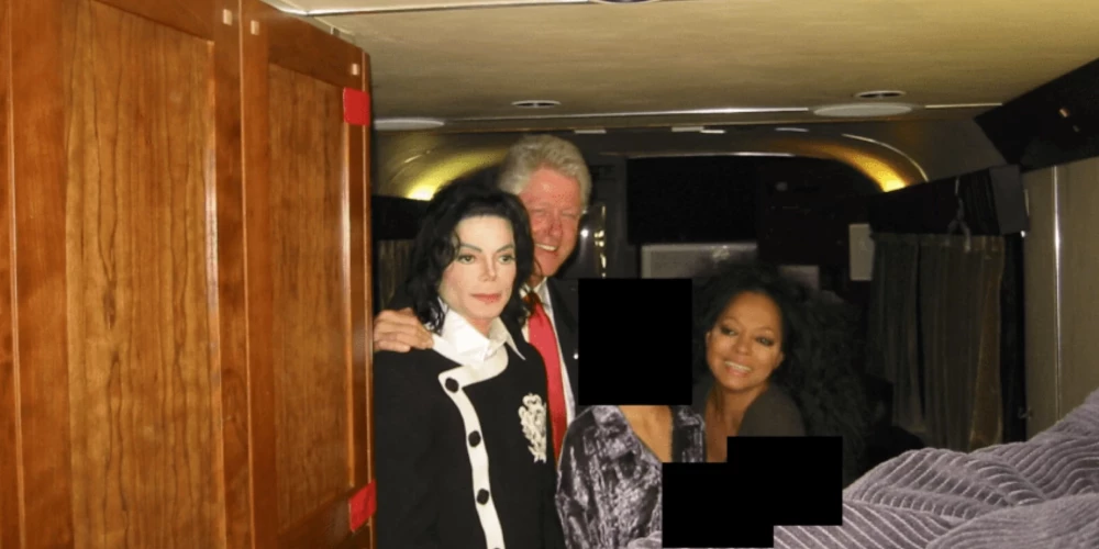 Džefrija Epstīna failos atrodama arī bilde ar Maiklu Džeksonu, Bilu Klintonu un Daeinu Rosu.