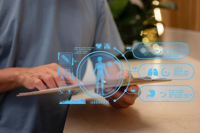 Man or doctor holding clipboard with virtual chart in Medical technology concept. Remote medicine. Electronic medical record, Healthcare assurance internet online support ai technology concept