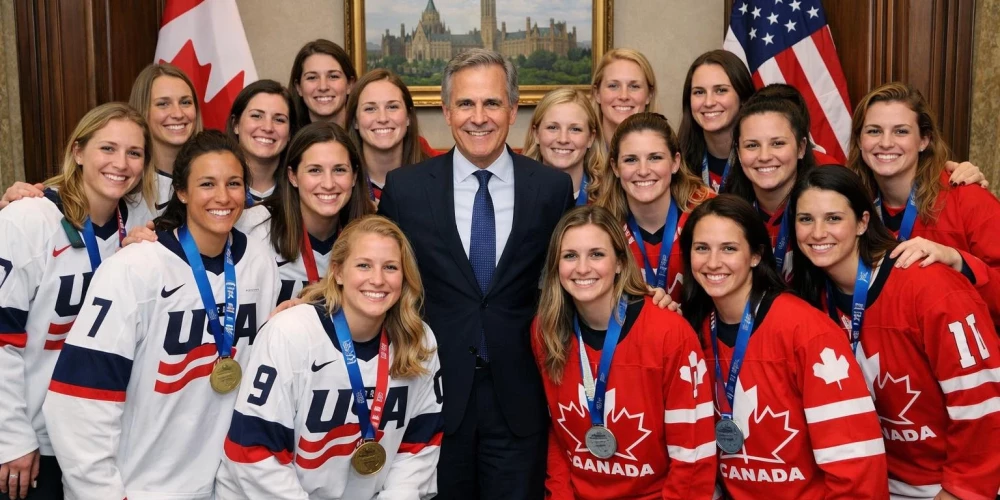 Šāda tikšanās starp ASV, Kanādas hokejistēm un Kanādas premjeru Marku Kārniju nav notikusi. Acīgie to droši vien saprastu, rūpīgāk ieskatoties fotogrāfijā.