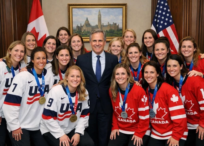 Cilvēki atrod ko ļoti dīvainu bildē, kur ASV un Kanādas hokejistes it kā “tiekas” ar premjeru Kārniju – tā izrādās viltota