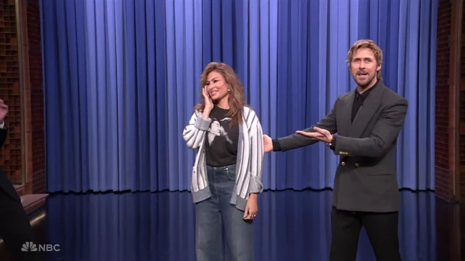 Eva Mendesa un Raiens Goslings raidījumā “The Tonight Show Starring Jimmy Fallon”.