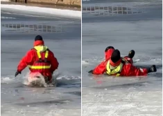 VIDEO: glābēji Lucavsalā parāda, cik bīstami šobrīd ir kāpt uz ledus un kā rīkoties, ja nācies ielūst