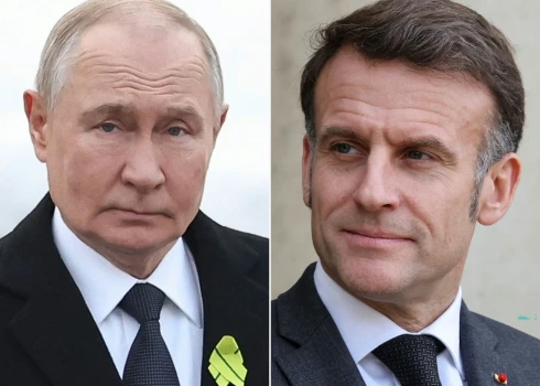 Krievijas diktators Vladimirs Putins un Francijas prezidents Emanuels Makrons.