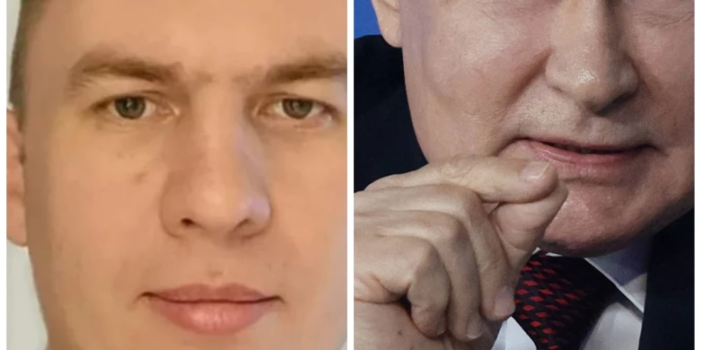 "Z propagandists" Iļja Remeslo un Krievijas diktators Vladimirs Putins (ekrānuzņēmums no "X" / Scanpix / IMAGO SNA; kolāža: jauns.lv)