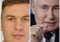 "Z propagandists" Iļja Remeslo un Krievijas diktators Vladimirs Putins (ekrānuzņēmums no "X" / Scanpix / IMAGO SNA; kolāža: jauns.lv)