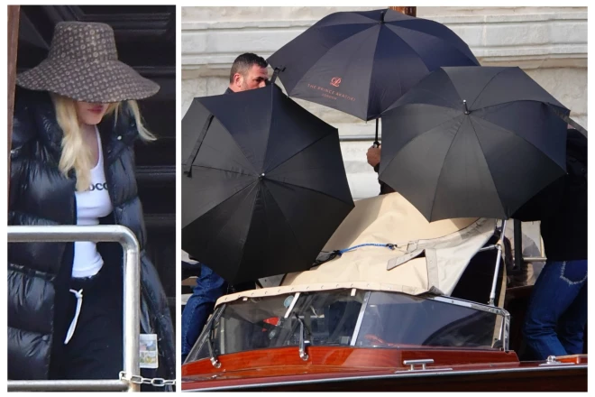 Madonnas slēpšanās dažas dienas pēc ierašanās Venēcijā, kad palīgā steidzās komanda ar lietussargiem.