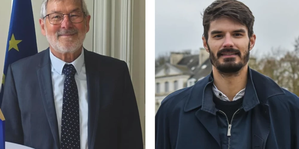 Par Francijas pilsētiņas Arsīsirobas mēra krēslu cīnās pašreizējais pilsētas vadītājs Šarls Itlērs (pa kreisi) un Antuāns Reno-Zjelinskis (ekrānuzņēmums no "X")