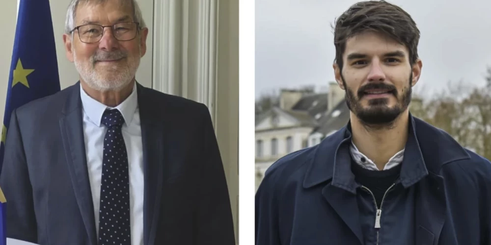 Par Francijas pilsētiņas Arsīsirobas mēra krēslu cīnījās līdzšinējais pilsētas vadītājs Šarls Itlērs (pa kreisi) un Antuāns Reno-Zjelinskis (ekrānuzņēmums no "X")