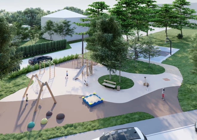 Purvciemā uzsākta rotaļu un 3x3 basketbola laukuma izbūve