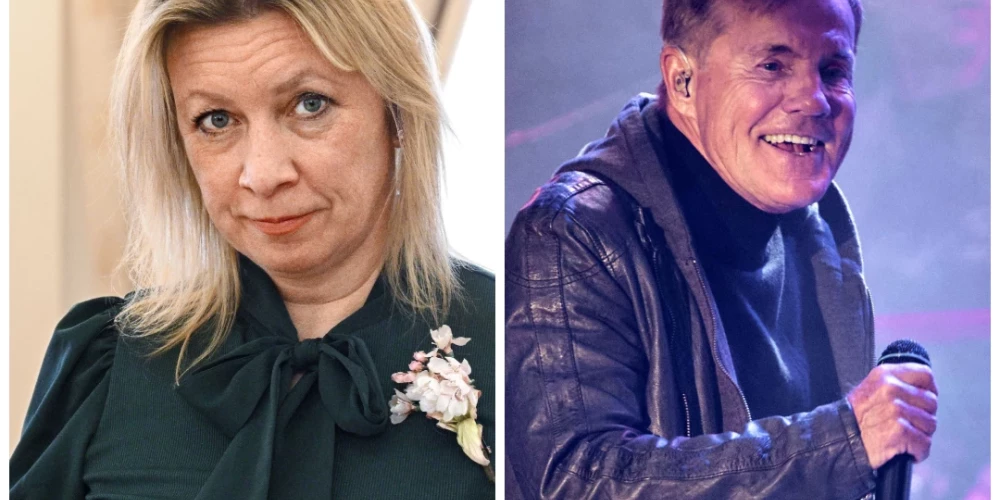 Krievijas Ārlietu ministrijas runassieva Marija Zaharova un bijušais "Modern Talking" dalībnieks Dīters Bolens (foto: Vidapress / Sipa USA / Alamy; kolāža: jauns.lv)
