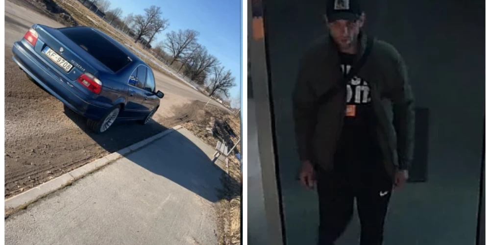 Nozagtā automašīna un aizbēgušais domājamais ļaundaris (ekrānuzņēmumi no "Facebook"; kolāža: jauns.lv)