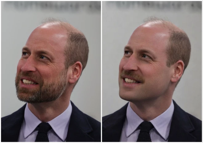 Princis Viljams ar bārdu patiesajā dzīvē un kā viņu ar ūsām redz mākslīgais intelekts.