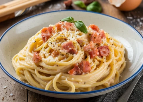 Pasta carbonara klasiskā versija.