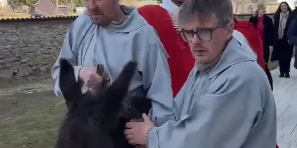 Skaistkalnes baznīcas priesteris Andrejs Mediņš jāj uz ēzeļa (ekrānuzņēmums no video)