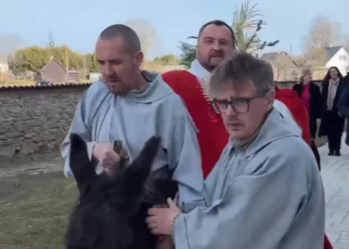 Skaistkalnes baznīcas priesteris Andrejs Mediņš jāj uz ēzeļa (ekrānuzņēmums no video)