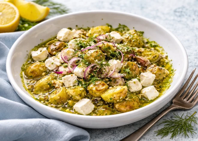 Картошка по-новому: простой теплый салат с сыром фета, зеленью и яркой заправкой