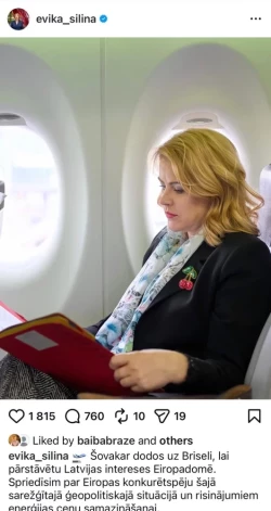 Силиня, летевшая бизнес-классом, сообщила, что будет представлять интересы Латвии в Брюсселе и принимать решения о снижении цен на энергоносители.