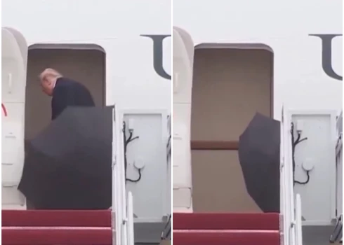 ASV prezidents Donalds Tramps zaudē cīņu ar lietussargu.