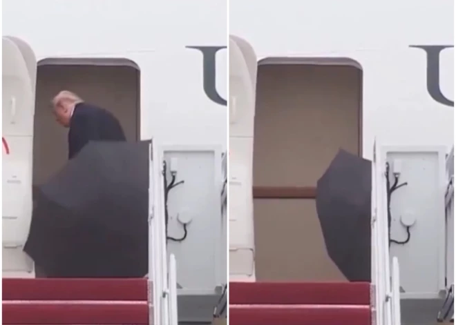 “Pat lietussargu nevar aizvērt” — Tramps ar kārtējo neveiklo epizodi uzjautrina interneta lietotājus. VIDEO