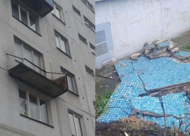 В Иманте сильный ветер обрушил часть балкона в девятиэтажке: жильцы боятся новых обвалов