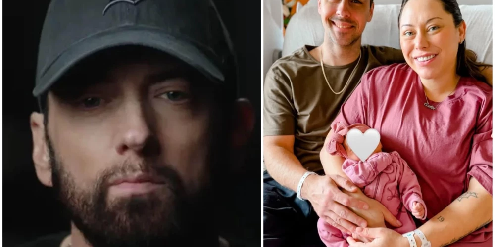 Eminems un viņa adoptētā meita Aleina ar vīru un jaundzimušo meitiņu.