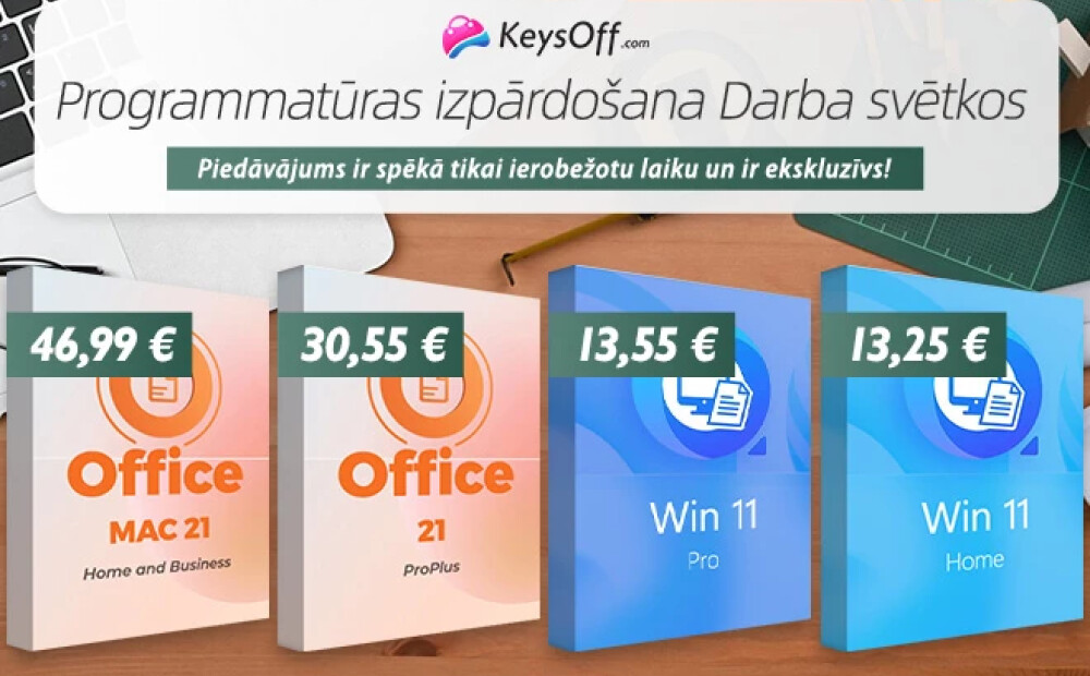 Ietaupiet vairāk nekā 90 % uz mūžīgās licences Office 2021 Pro (30,55 €) un Windows 11 Pro (13,55 €) Keysoff Darba svētku izpārdošanā!