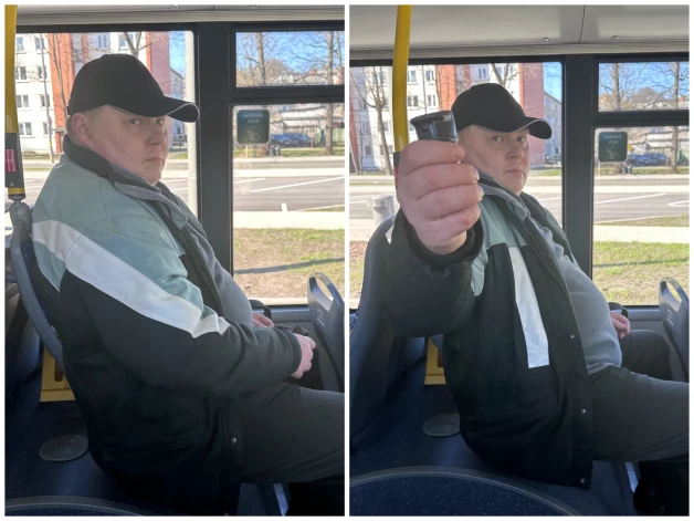 Attēlos redzamā persona tiek turēata aizdomās par miesas bojājumu nodarīšanu kādai personai autobusa pieturā.