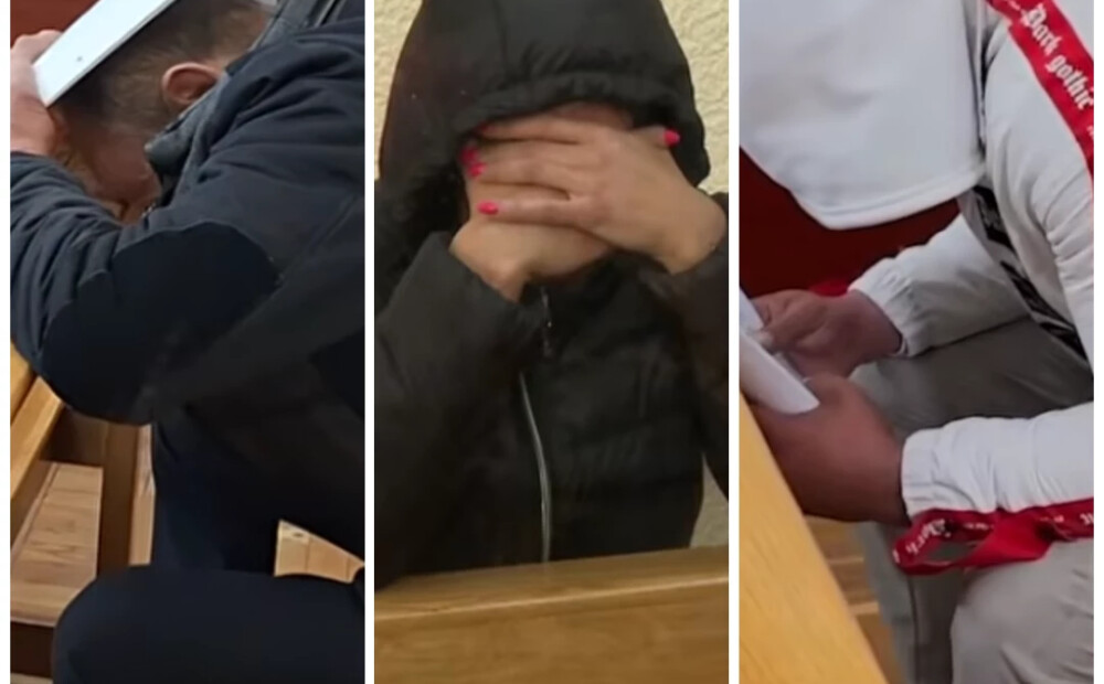 Lietuvas feldšera Sadauska iespējamie slepkavas atvesti uz tiesu. Visi slēpj sejas