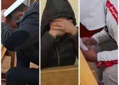 Lietuvas feldšera Sadauska iespējamie slepkavas atvesti uz tiesu. Visi slēpj sejas 